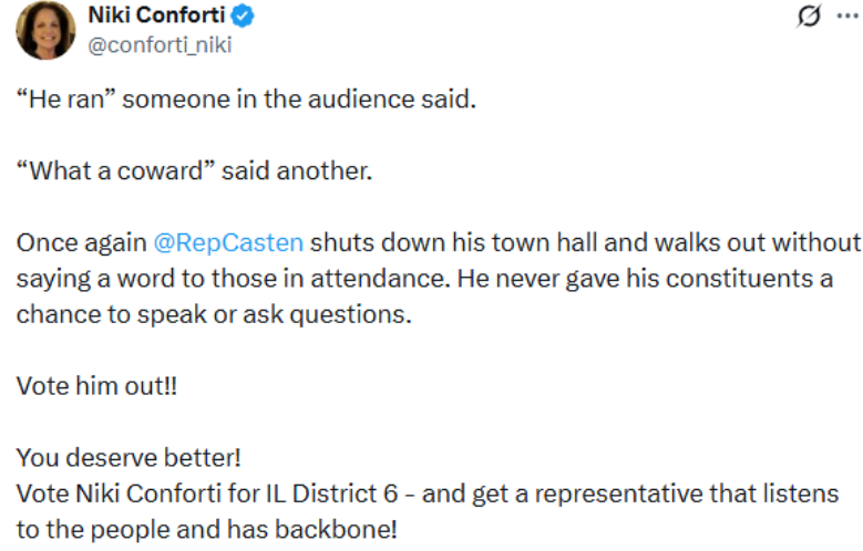 Casten Town Hall 8-1-25 opponent tweet