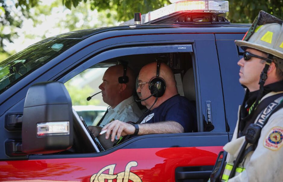 Huntley firefighters in vehicle