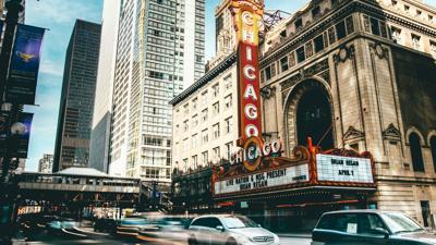 The Chicago Theatre sign on State Street in downtown Chicago.
